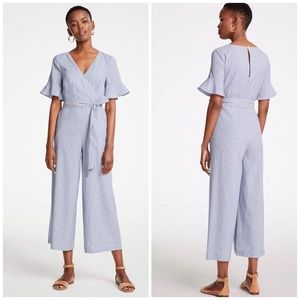 Ann Taylor Light Blue Striped Wrap Jumpsuit